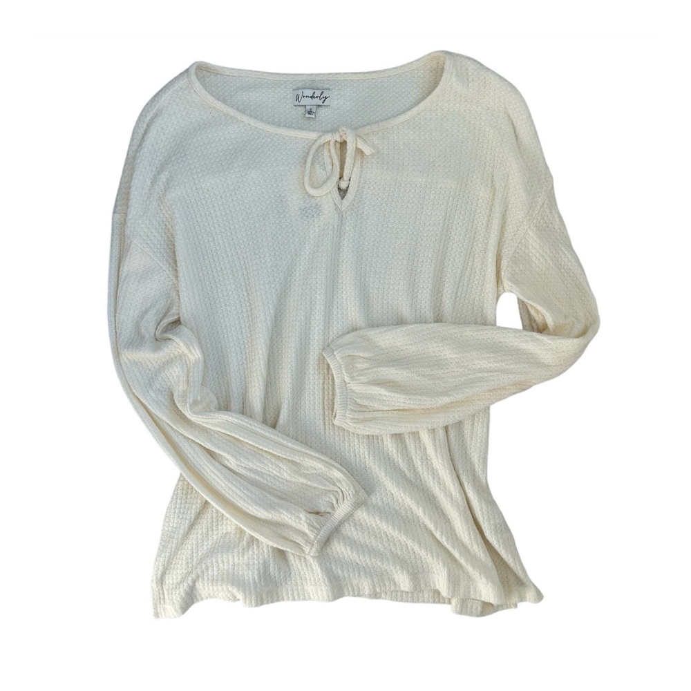 WONDERLY NWT! Women’s Waffle Knit Top Key Hole Tie Long Sleeve‎ Neutral Ivory L